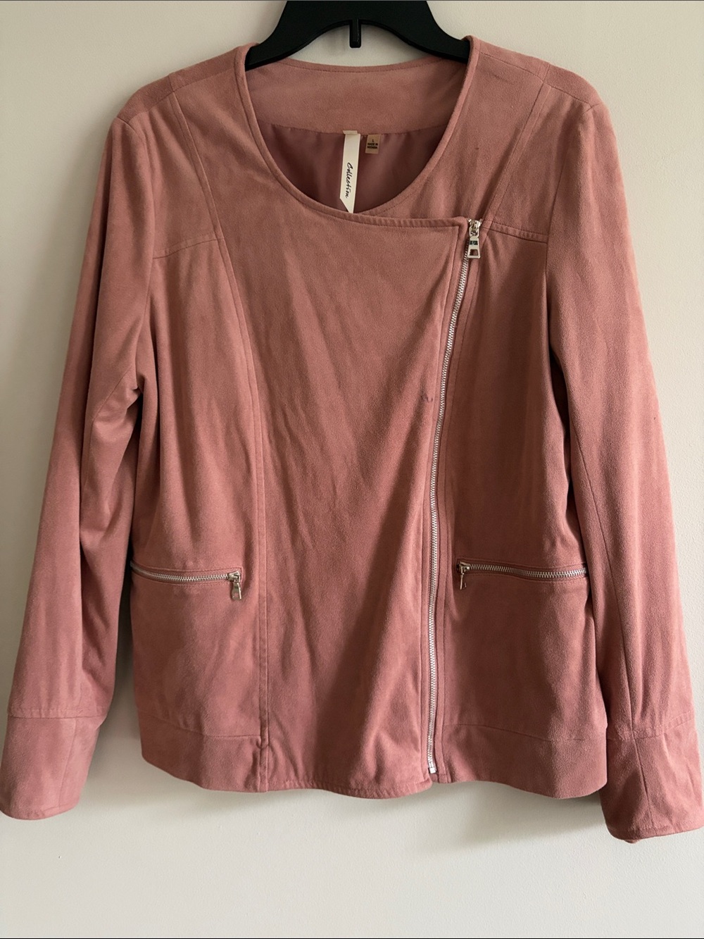 NY Collection Dusty Rose Asymmetrical Zip Faux-Suede Moto Jacket